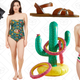 Kitti Sunglasses by Quay, $45 | Balcony and Beyond Sandal, $40 | Pretty Much Paradise One-Piece Swimsuit, $70 | Salt Water Leather Sandal, $41 | Inflatable Ring Toss, $25 | Get Back on Tropic Swimsuit Top, $65